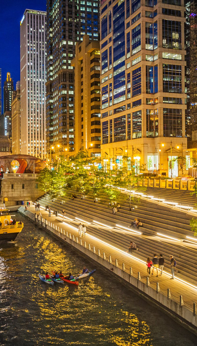 View of the Chicago Riverwalk at Night